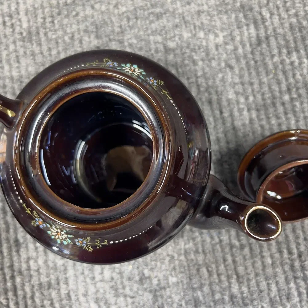 Redware Teapots Dark Brown HandPainted  Moriage Enamel Floral Japan Set Of 2 VTG